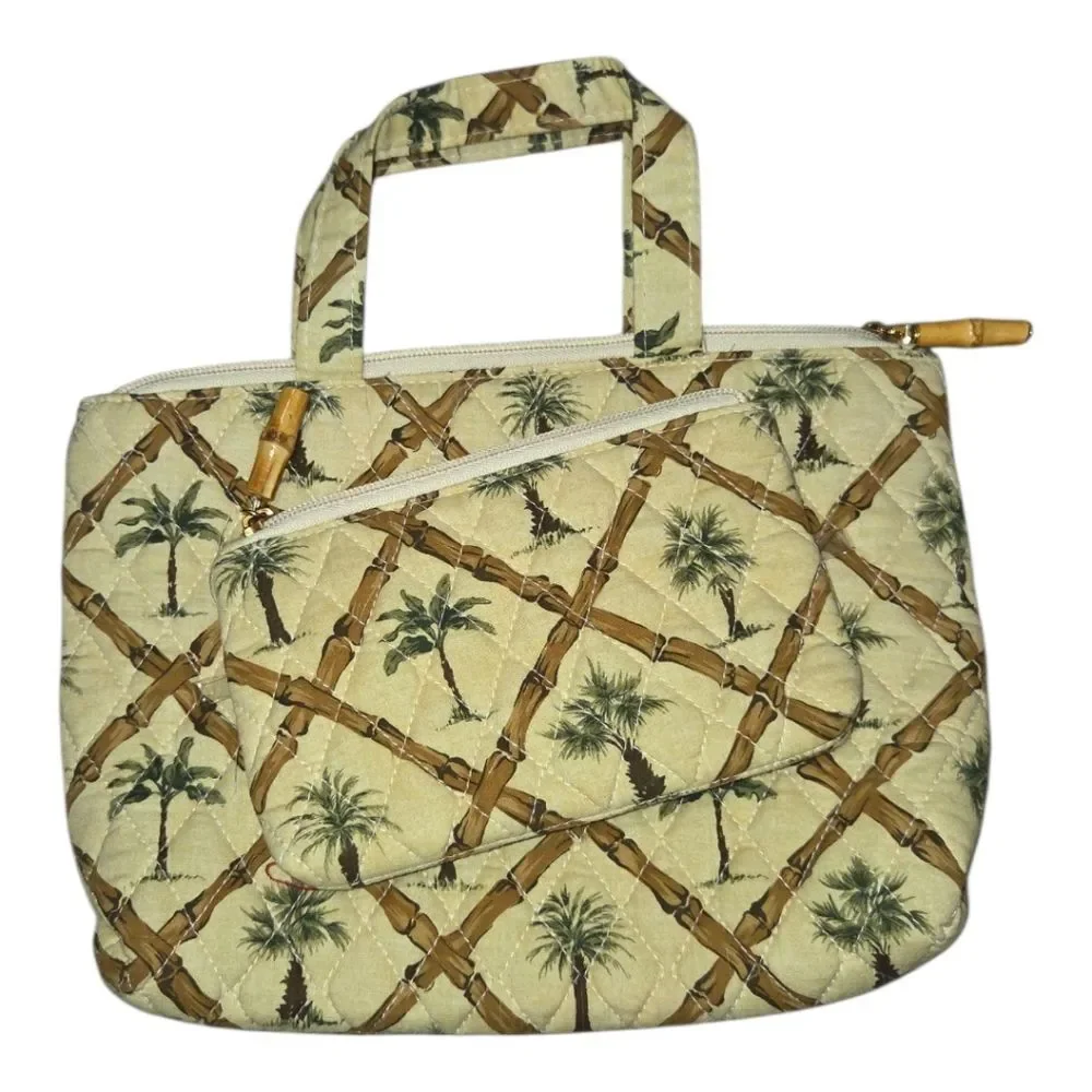 Palm Tree Quilted Cosmetic Bag Purse Set